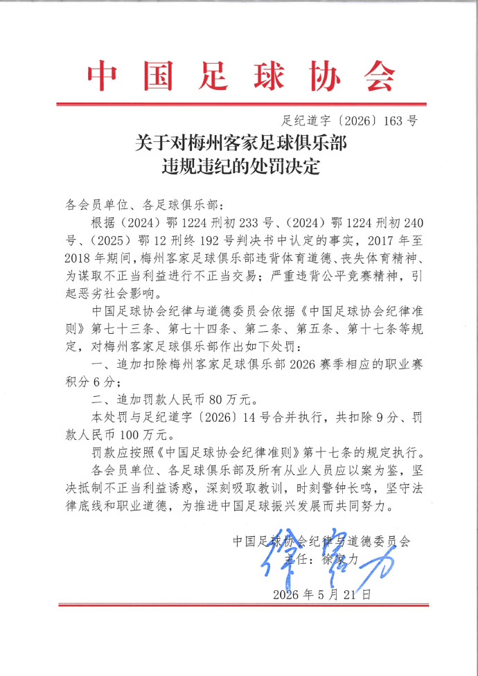 追加罚分!中国足协:梅州客家追加扣除6分罚款80万元